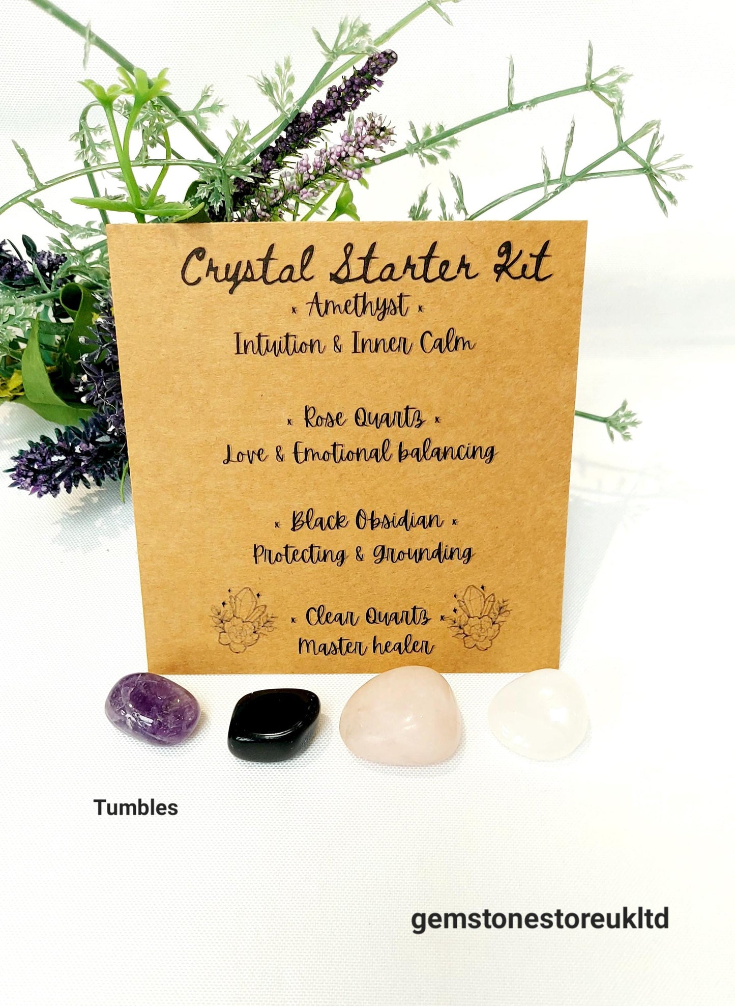 White Sage & Crystal Starter Kit, Palo Santo, Selenite Stick, White Sage Stick, Rose Quartz, Black Obsidian, Amethyst,Clear Quartz.