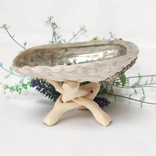 Abalone Shell & Wooden Tripod Stand Set, approx 12cm Smudge Bowl with Foldable Stand, Smudging Ritual Tool for Sage Incense Resin, UK Seller