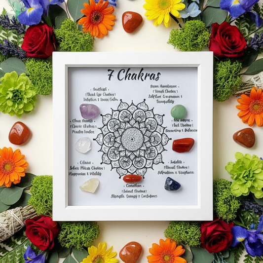 7 Chakra frame with circular rainbow crystal mandala