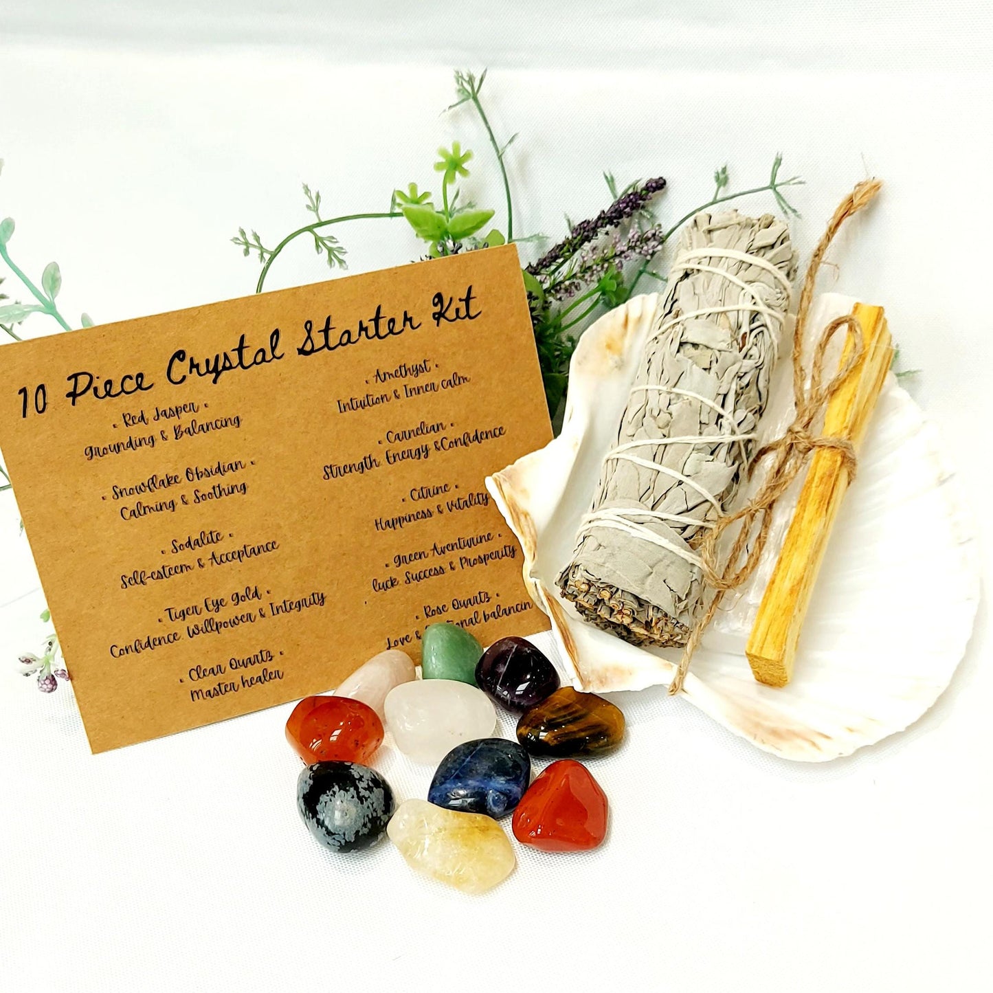 White Sage & 10 Piece Crystal Starter Kit, Palo Santo, Selenite Stick, White Sage Stick, Scallop Shell, Popular Crystals, UK Seller.