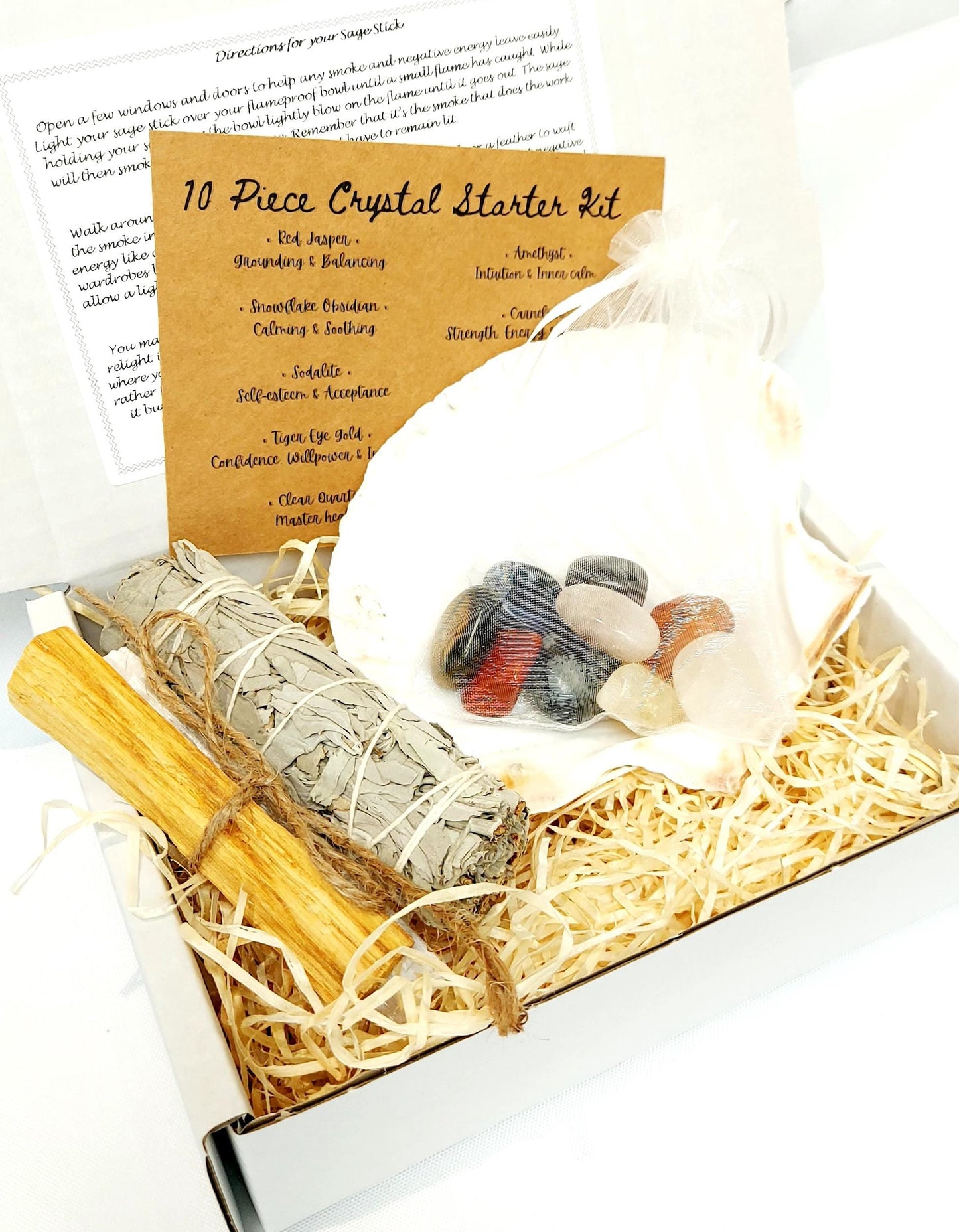 White Sage & 10 Piece Crystal Starter Kit, Palo Santo, Selenite Stick, White Sage Stick, Scallop Shell, Popular Crystals, UK Seller.
