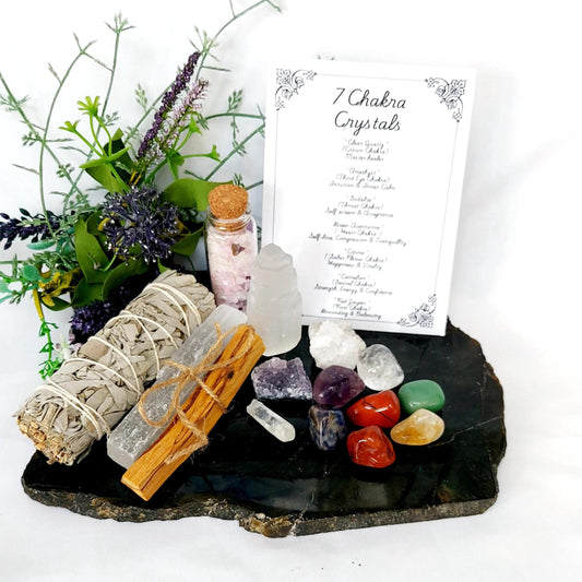 Chakra Beginners Healing Crystal Kit, Natural Rough & Tumbled Stones with White Sage, Palo Santo and Selenite for Beginners. UK Seller.