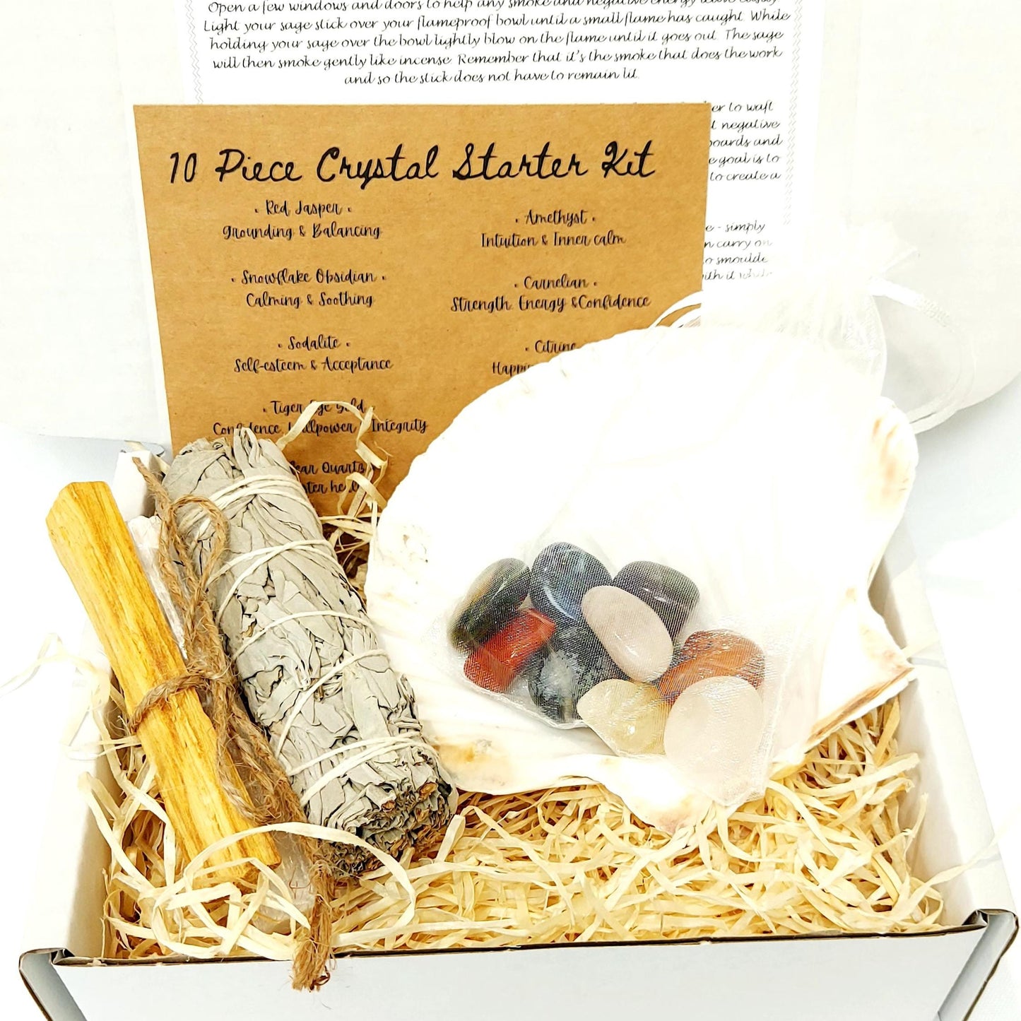 White Sage & 10 Piece Crystal Starter Kit, Palo Santo, Selenite Stick, White Sage Stick, Scallop Shell, Popular Crystals, UK Seller.