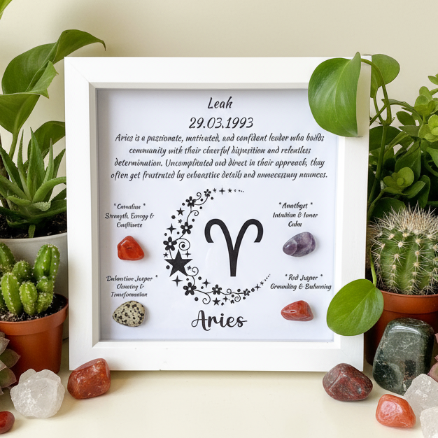 Aries frame with bold plants and fiery crystals