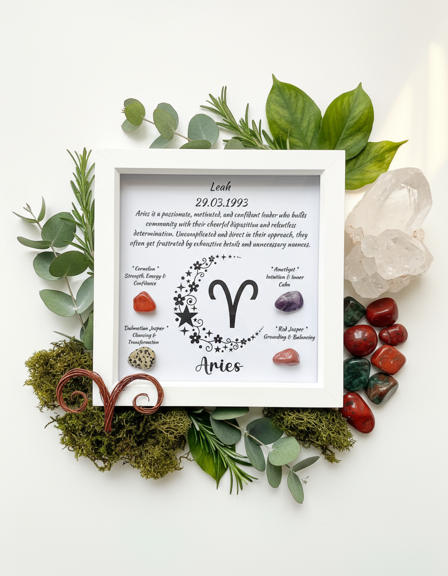 Aries frame with botanical crystal arrangement