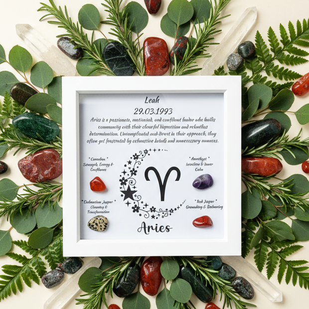 Aries frame with circular crystal and herb mandala