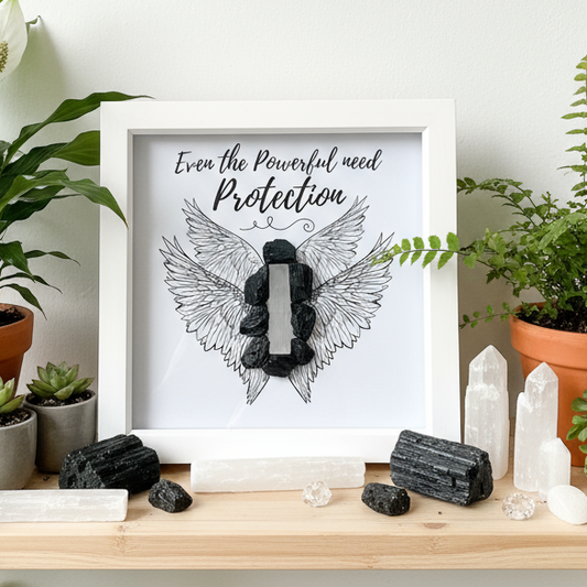 Black Tourmaline and Selenite frame on shelf with plants