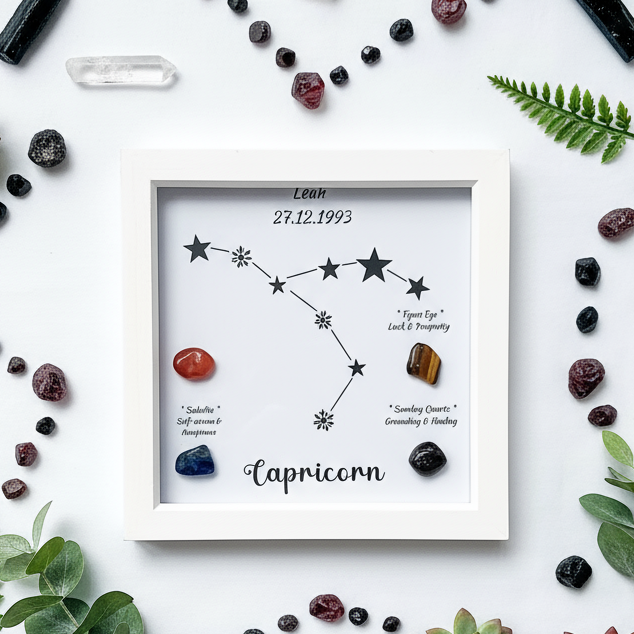 Capricorn frame flat lay with zodiac crystal pattern