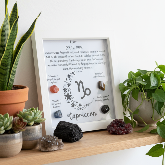 Capricorn frame on shelf with potted plants