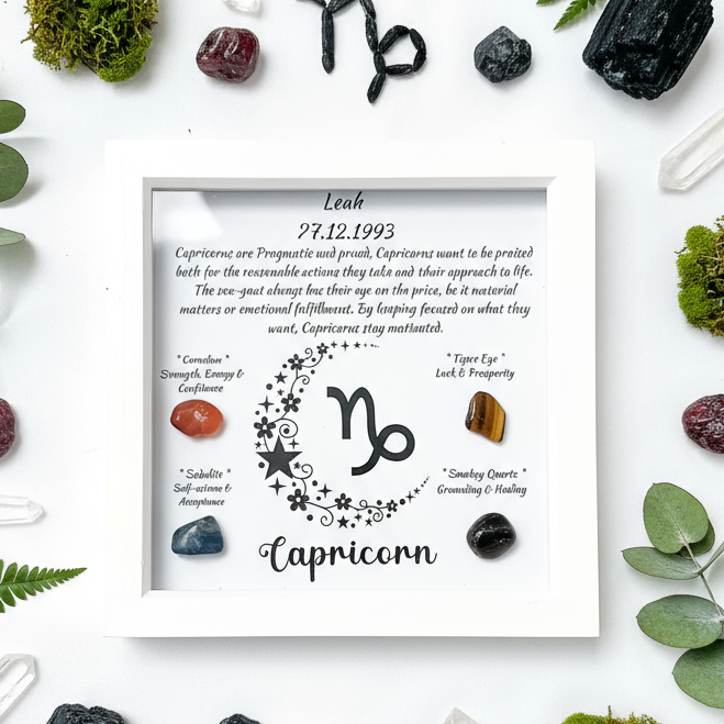 Capricorn frame with botanical crystal arrangement