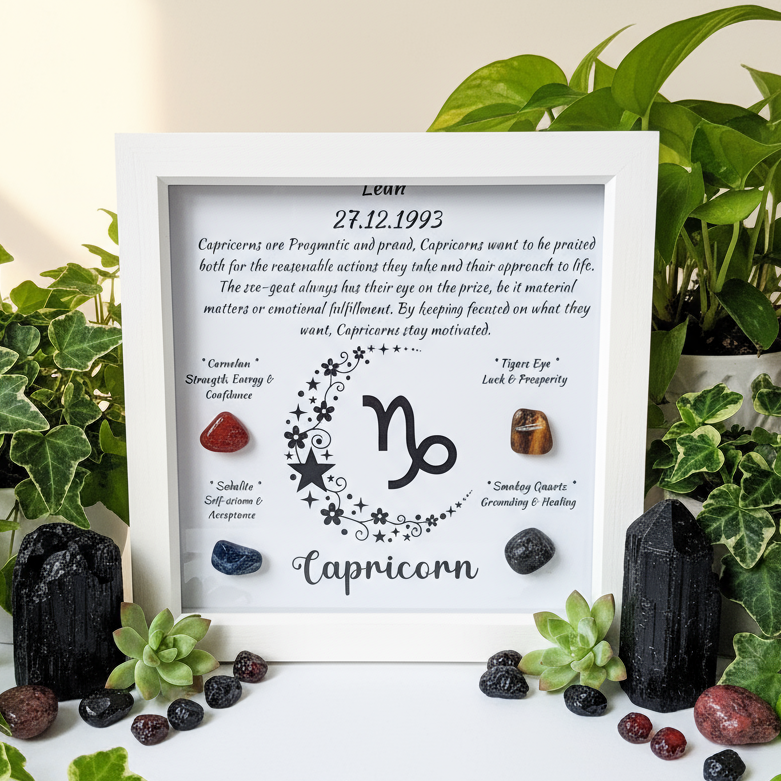 Capricorn frame with plants and crystals