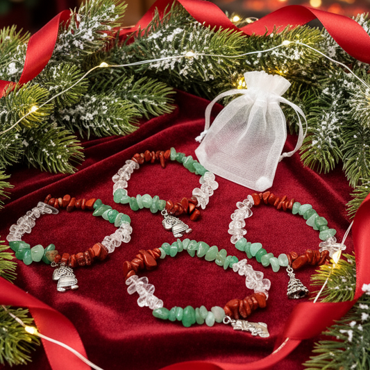 Festive Charm Bracelet with Red Jasper, Green Aventurine & Clear Quartz Crystal Chip Bracelet, Stocking Filler, Christmas Charm Bracelet.