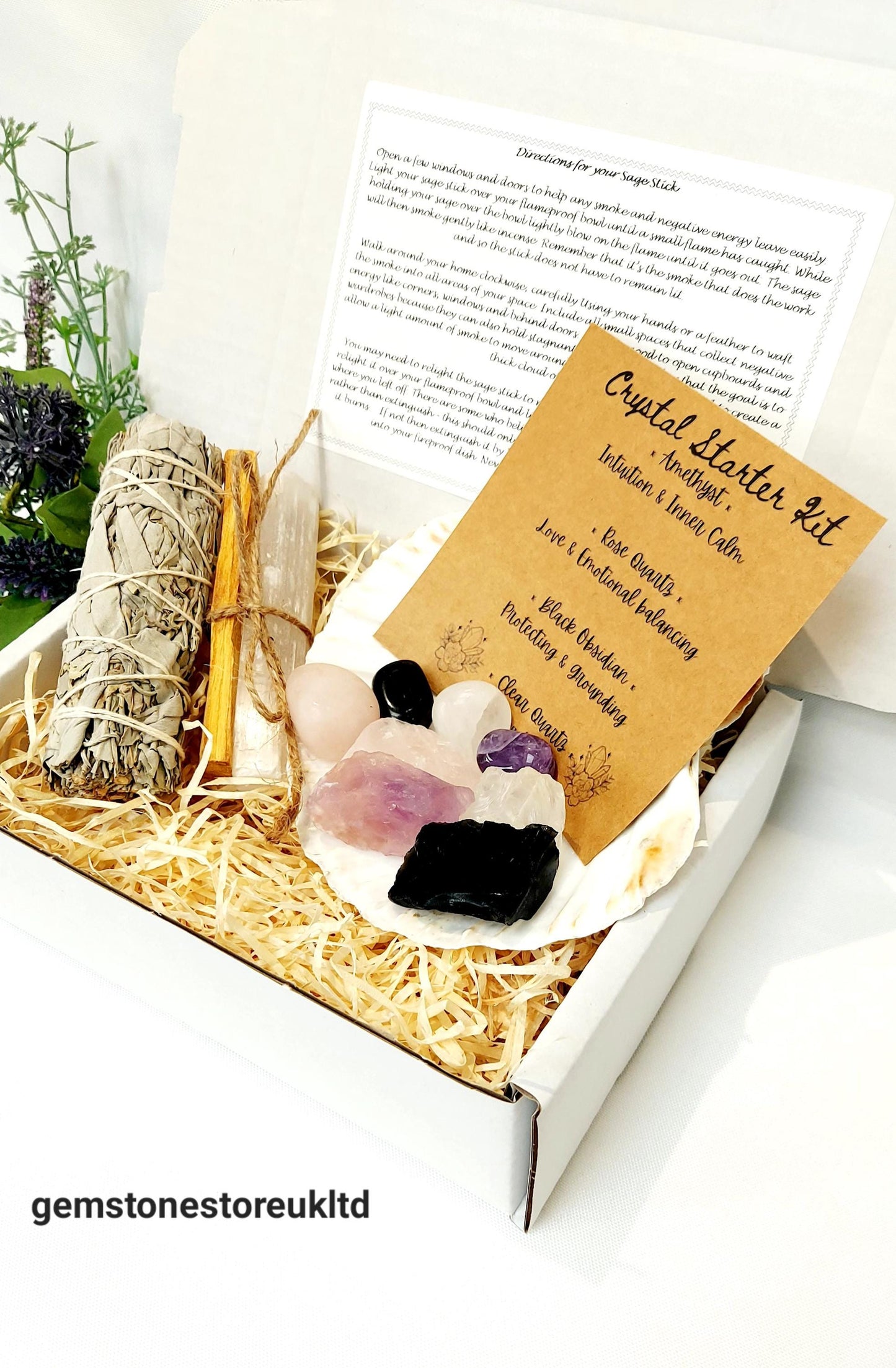 White Sage & Crystal Starter Kit, Scallop Shell, Palo Santo, Selenite Stick, Rose Quartz, Black Obsidian, Amethyst,Clear Quartz.
