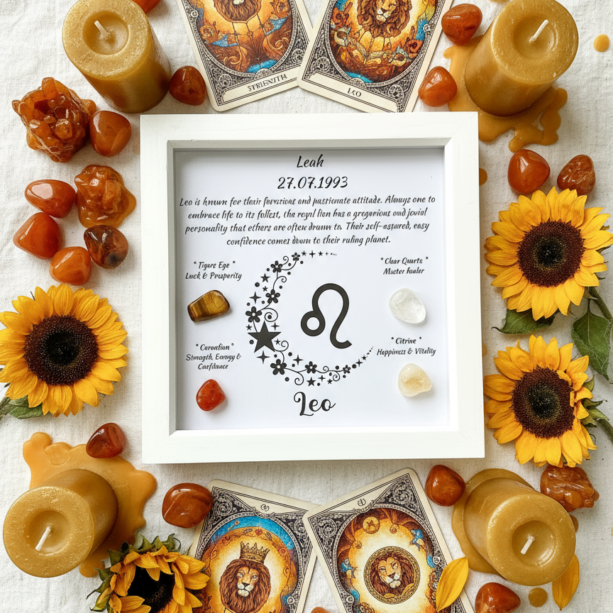 Leo frame flat lay with golden crystals