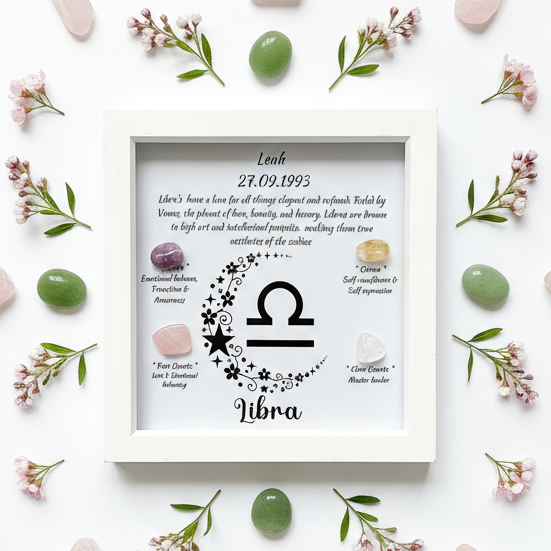 Libra frame flat lay with symmetrical zodiac crystal pattern