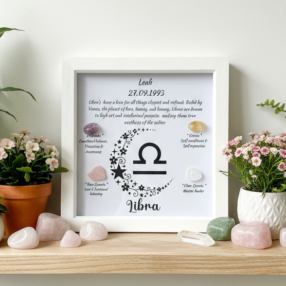 Libra frame on shelf with peace lilies and ferns