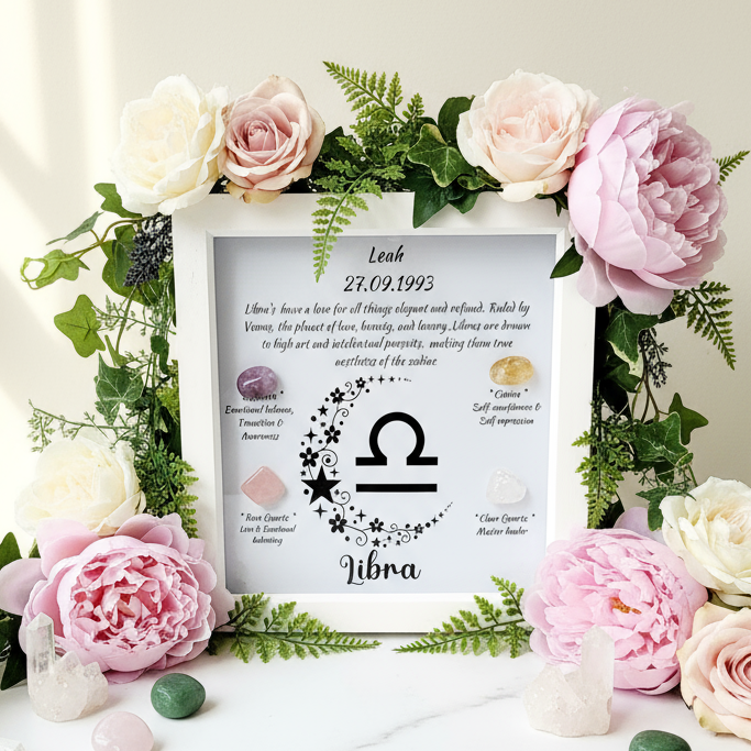 Libra frame with elegant plants and balanced crystals