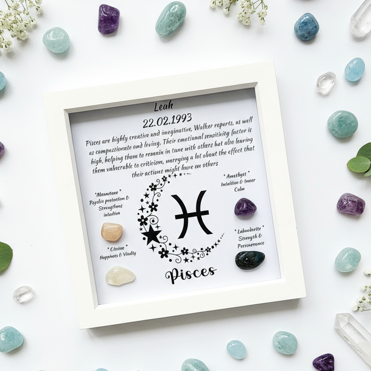 Pisces frame flat lay with zodiac crystal pattern