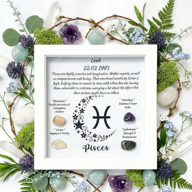 Pisces frame with botanical crystal arrangement