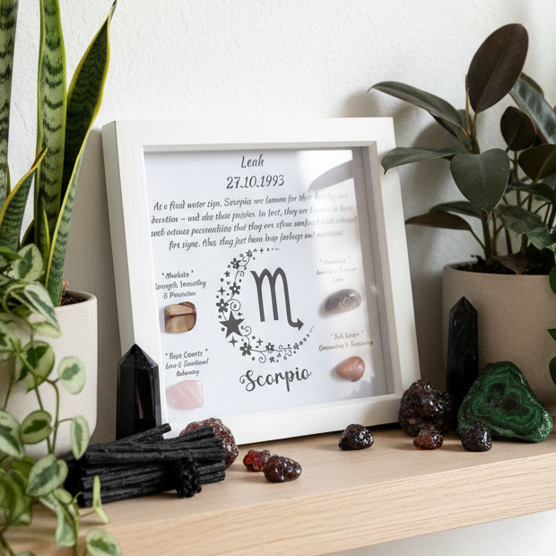 Scorpio frame on shelf with dark leafy plants