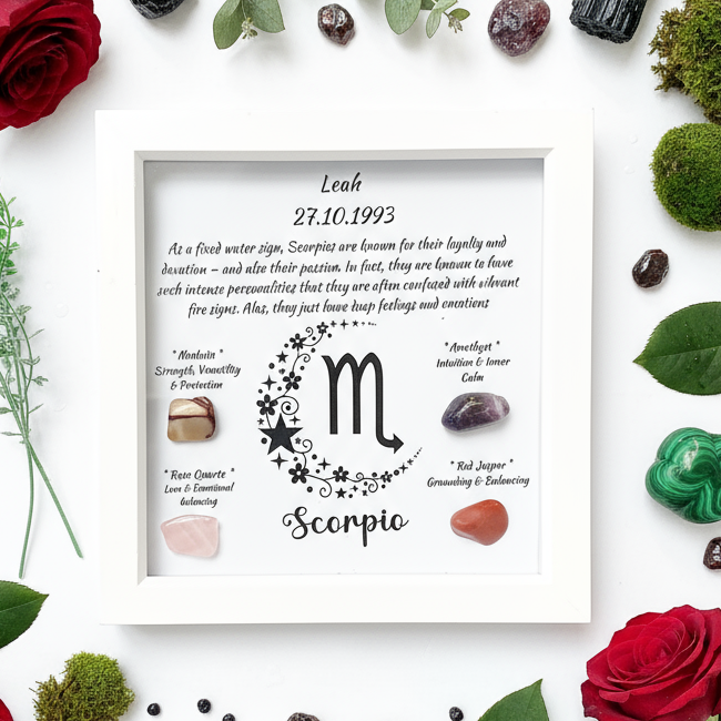 Scorpio frame with botanical crystal arrangement