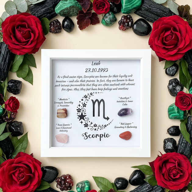Scorpio frame with circular crystal and foliage mandala