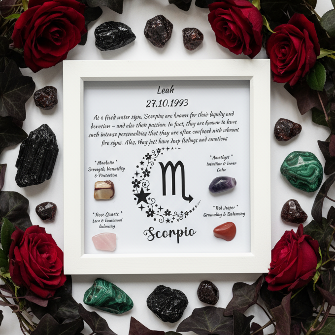 Scorpio frame with dramatic plants and intense crystals