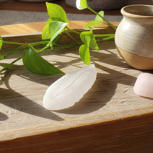 Selenite feather with pothos and rose quartz