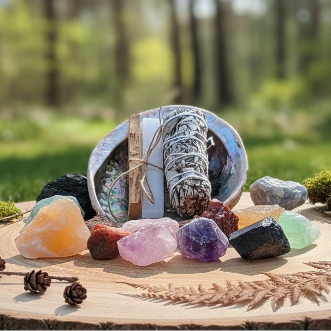 Square crystals on wood with forest background