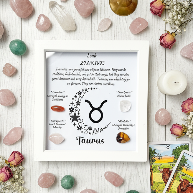 Taurus frame flat lay with crystals