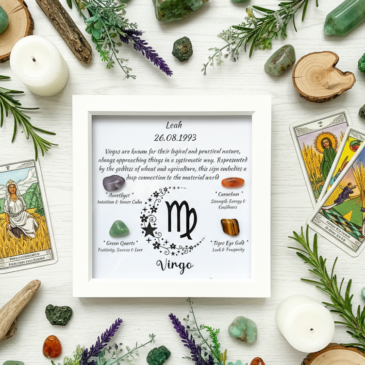Virgo frame flat lay with green crystals and herbs
