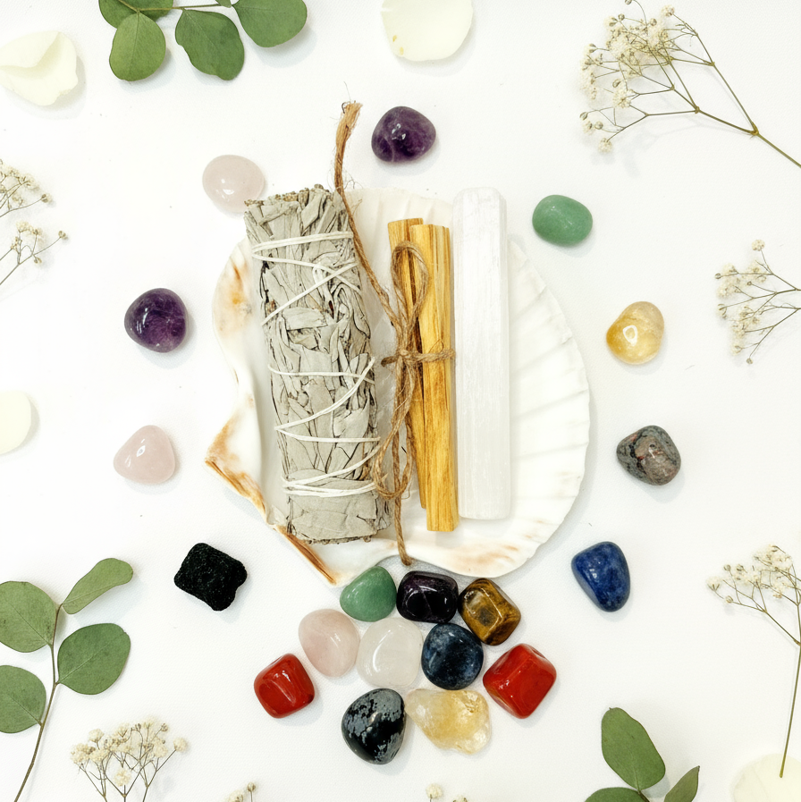 White Sage and Crystal Starter Kit flat lay