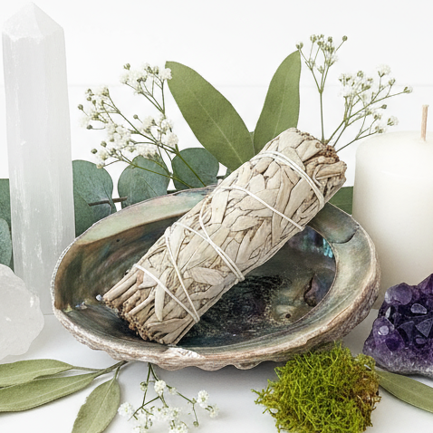 White Sage Smudge Kit with Abalone Shell botanical arrangement